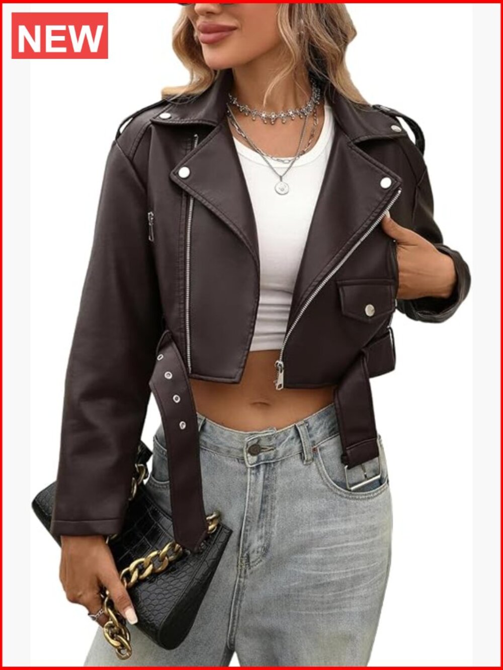 Faux Leather Cropped Jacket with Belt Bomber Aviator Motor Biker Coat